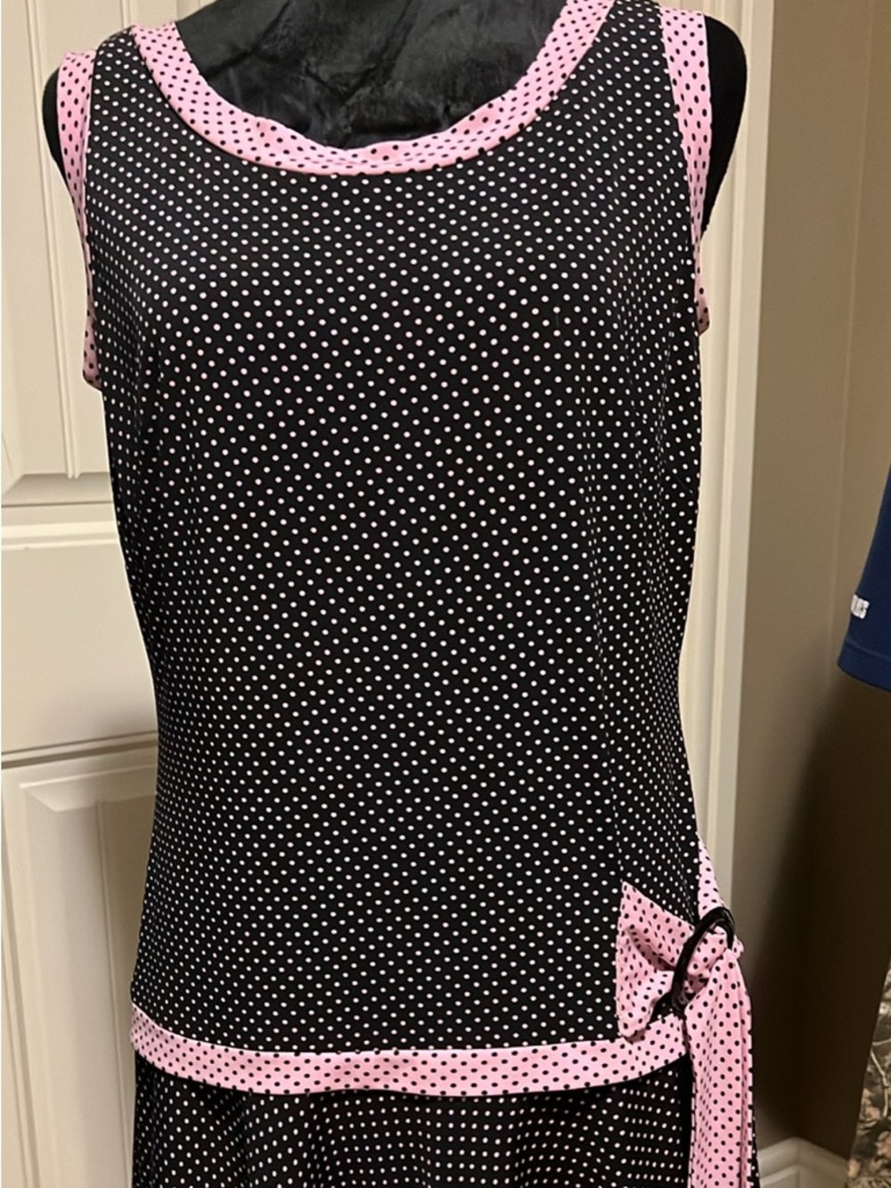 Vintage Frank Lyman Design Black Polka Dot Sleeveless dress with Pink Trim